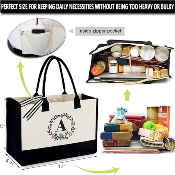 Monogram Initial Canvas Bag with Inner Zipper Pocket Embroidery Personalized Bag - Picture 4 of 5